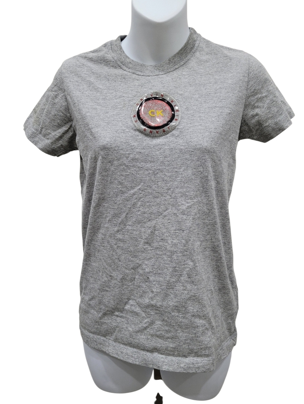 Y2K Calvin Klein Jeans Grey Plastic Logo Top Tee T-shirt Size: Small